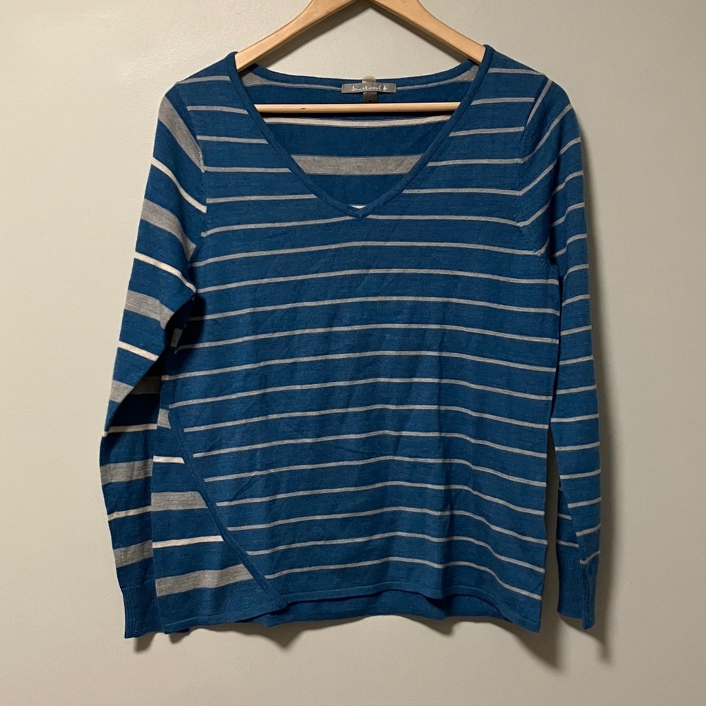 NWOT Smartwool Merino Wool Blue and Gray Striped V-Neck Sweater